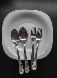 Directly above shot of spoons and forks in plate on table