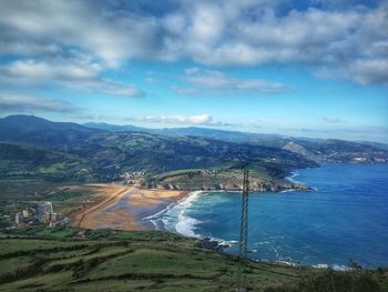 High angle view of landscape and sea against sky