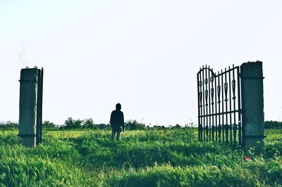 Rear view of man standing on field against clear sky
