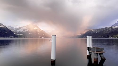 Panoramic view of lake and mountains against sky