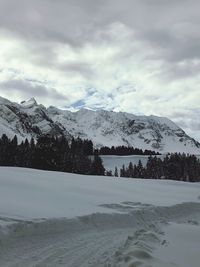 Scenic view of snowcapped mountains against sky