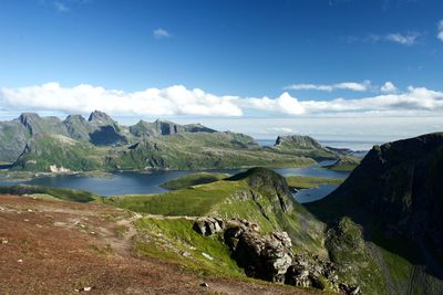 Scenic view of sea and mountains against sky
