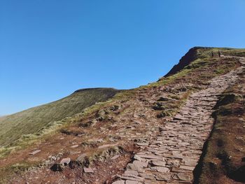 Low angle view of mountain against clear blue sky