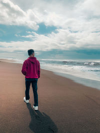 Rear view of man walking on the beach