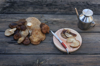 High angle view of mushrooms on table