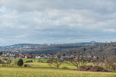 Scenic view of agricultural field against sky