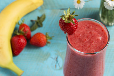 High angle view of strawberry smoothie