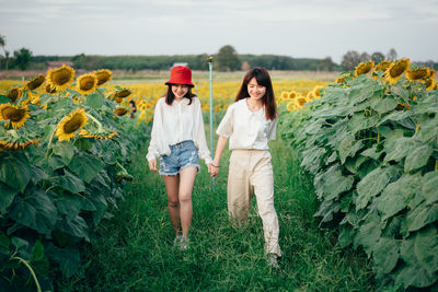 Female friends holding hands while walking at sunflower farm