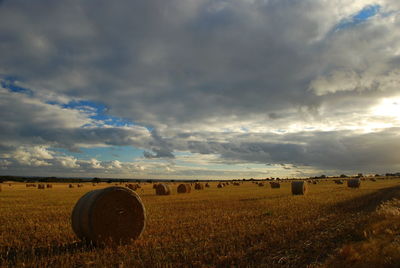 Hay bales on field against sky