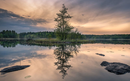 Scenic view of lake against sky at sunset