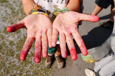 High angle view of people on hands