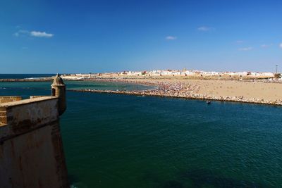 Scenic view of sea against blue sky