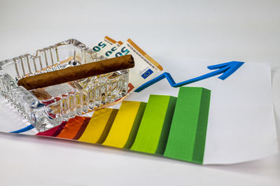 High angle view of candies on table against white background