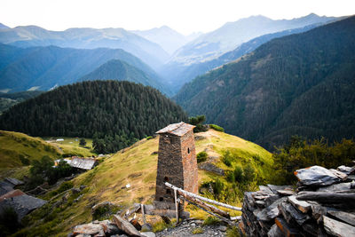 High angle view of tower on mountain