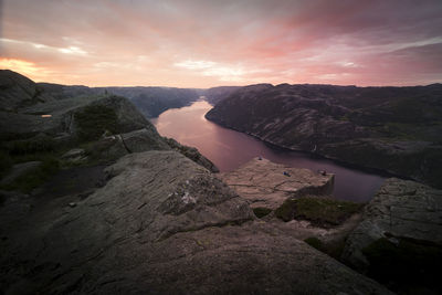 High angle view of river against sky during sunset