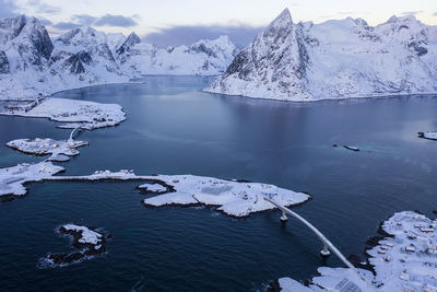 Scenic view of lake and snowcapped mountains during winter