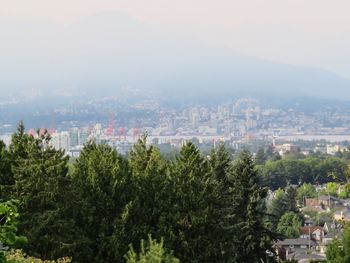 High angle view of trees and cityscape against sky