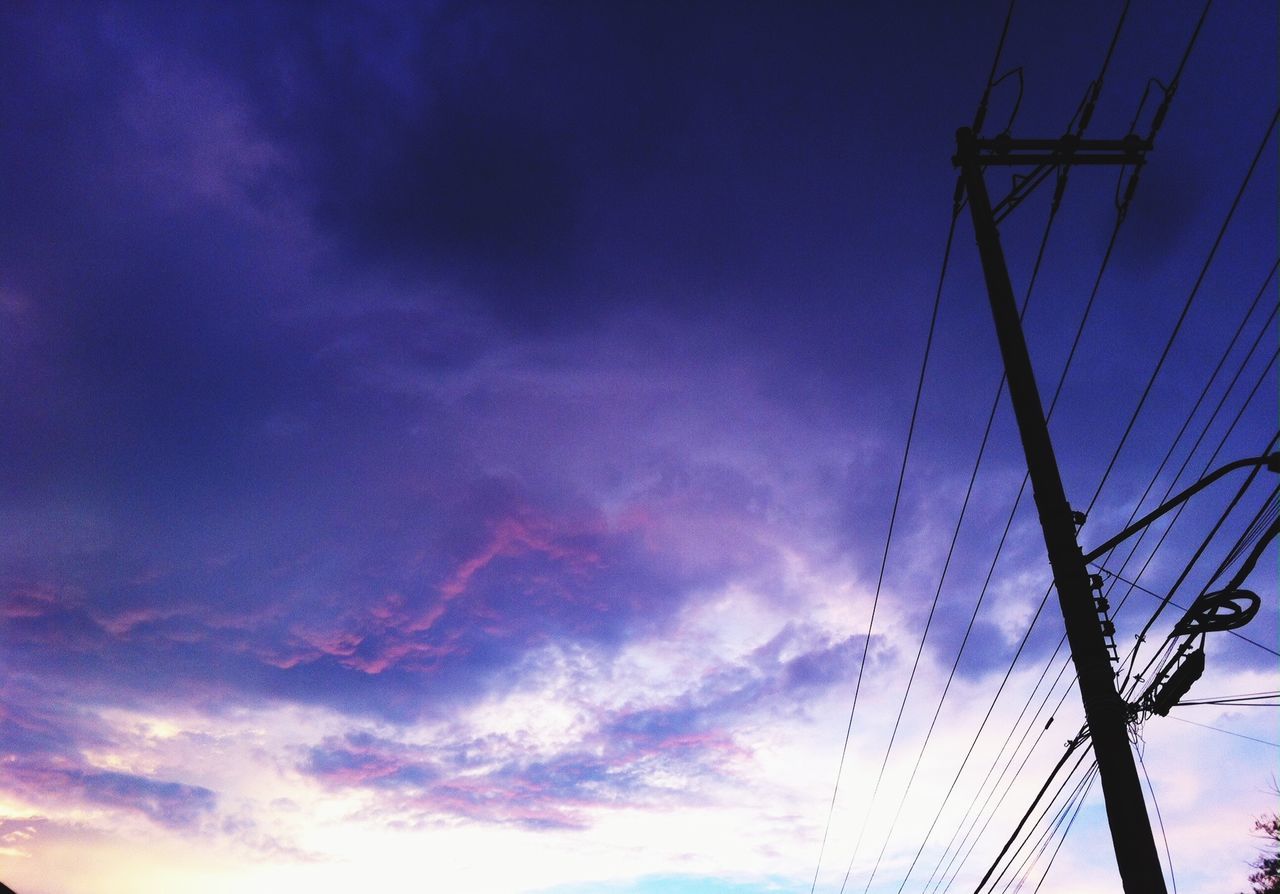 low angle view, power line, electricity pylon, sky, power supply, electricity, connection, cable, silhouette, fuel and power generation, cloud - sky, technology, blue, sunset, cloud, power cable, cloudy, dusk, outdoors, no people
