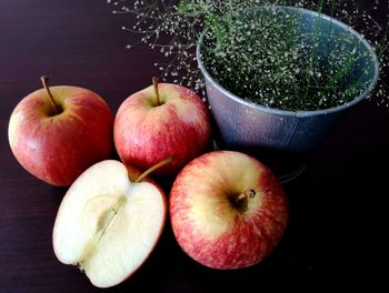 High angle view of apples in bowl on table