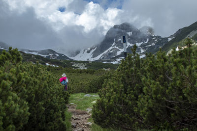 Rear view of person on mountains against sky