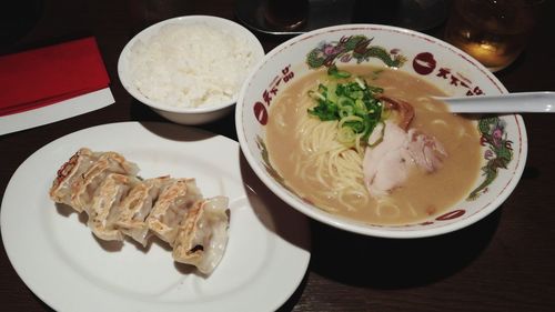 High angle view of meal served on table