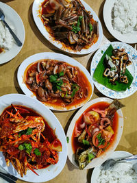 High angle view of meal served on table