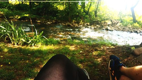 Low section of people sitting by river