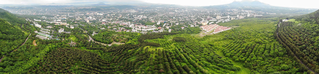 High angle view of townscape and trees in city
