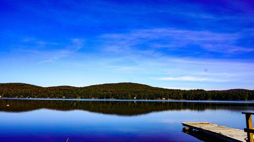 Scenic view of lake by trees against blue sky