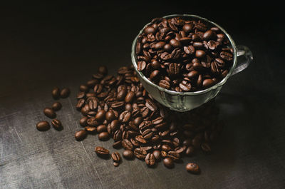 High angle view of coffee beans on table