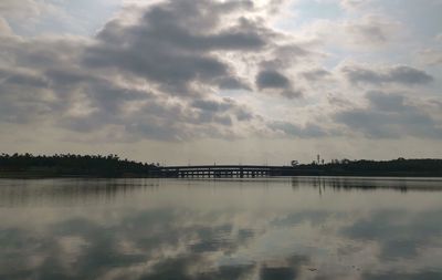 Scenic view of lake against sky at sunset
