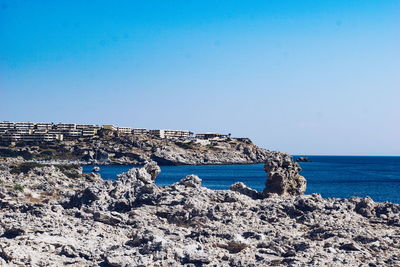 Scenic view of sea against clear blue sky