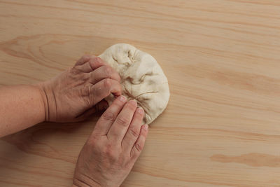 High angle view of hand holding cat on wooden table