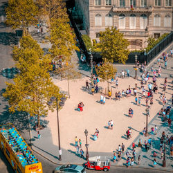 High angle view of people on street during autumn