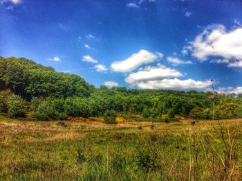 Scenic view of field against cloudy sky