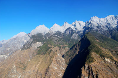 Low angle view of mountain against clear blue sky