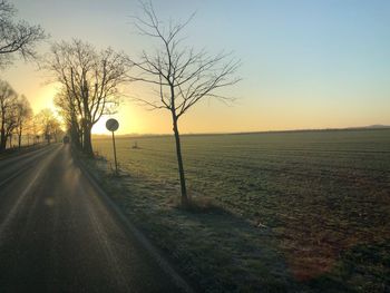 Road by bare trees on field against sky during sunset