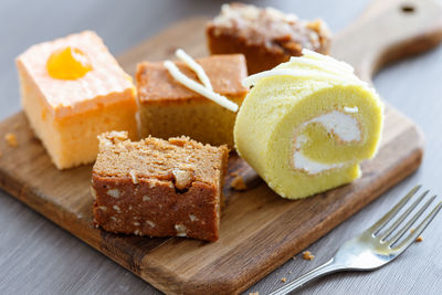 Close-up of dessert on cutting board