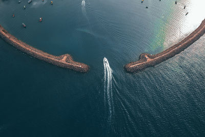 High angle view of ship in sea