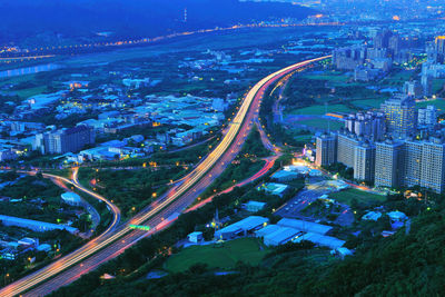 High angle view of city at night