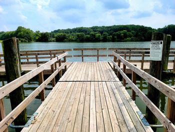 Wooden pier over lake against sky