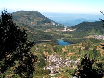 High angle view of landscape and mountains against sky