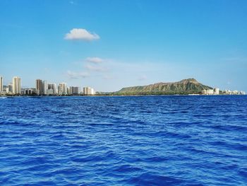 Scenic view of sea against blue sky