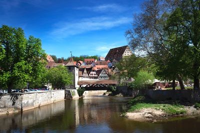 Bridge over river by buildings in city against sky