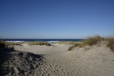 View of beach against clear blue sky