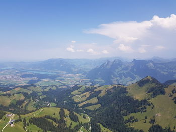 Aerial view of landscape and mountains against sky in the swiss alps