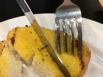 High angle view of bread in plate on table