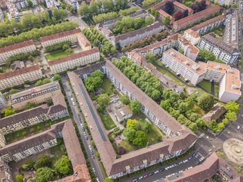 High angle view of buildings in city