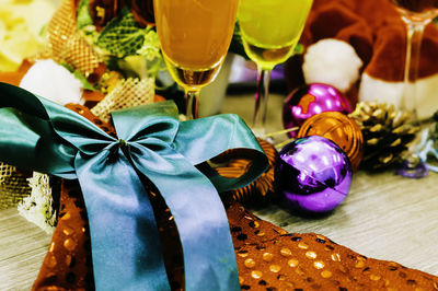 Close-up of christmas decorations on table