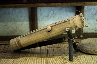 Close-up of old wooden table